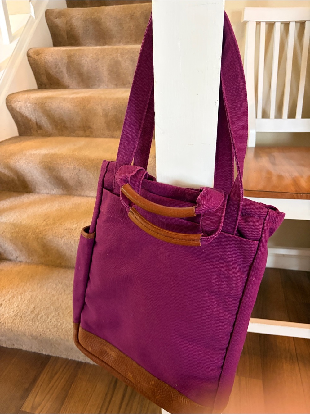 Duluth Trading Co Plum Canvas Tote with Brown Leather Trim